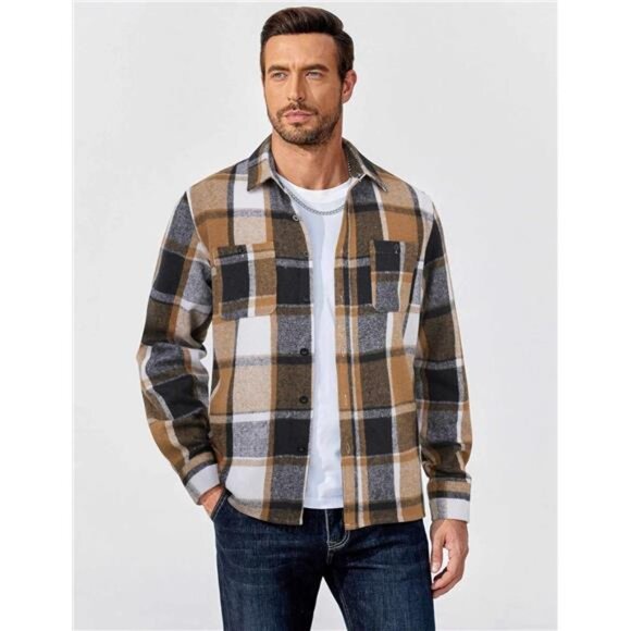 Men's Flannel Shirts Long Sleeve Plaid Button Down Black Khaki - Picture 3 of 5